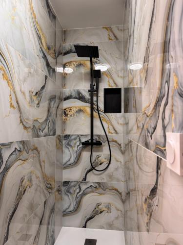 a shower in a bathroom with a marble wall at 104 - centre de voiron - DeTassigny in Voiron