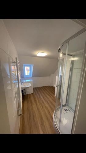 a bathroom with a shower and a sink and a toilet at Arnold Apartments 2 in Glauchau