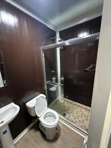 a bathroom with a toilet and a sink and a shower at La macana Ecotour in Cacique