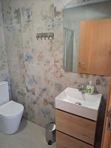 a bathroom with a sink and a toilet and a mirror at CabrilHome - AL Gerês in Cabril