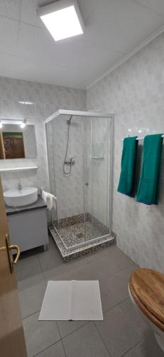 a bathroom with a shower and a sink at Malom Fogadó in Balatonboglár