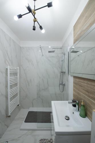 a bathroom with a white sink and a shower at Izium Central Residence in Baia Mare