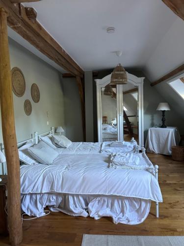 a bedroom with a large bed with a large mirror at Le Sart de Bouland in Frasnes-lez-Anvaing