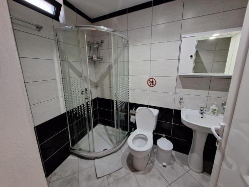 a bathroom with a shower and a toilet and a sink at Jannis Castle Apartment in Himare