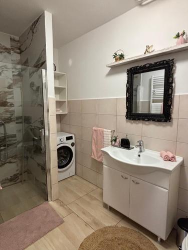 a bathroom with a sink and a washing machine at Apartma Deni in Jelšane