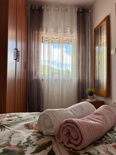 a bedroom with a bed with a large window at Apartma Deni in Jelšane