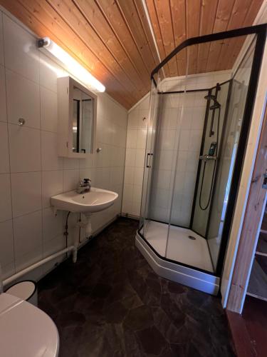 a bathroom with a shower and a sink at Cottage from 1850 in Ballstad in Ballstad