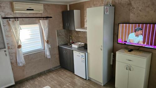 a kitchen with a flat screen tv on the wall at Apartmani Eli SA DVORIŠTEM in Veliko Gradište