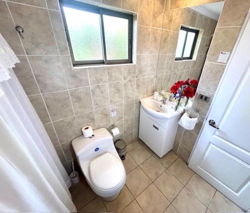a bathroom with a toilet and a sink at Hostal del Valle in Santa Cruz