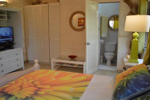 a living room with a bed and a bathroom at Yellow Bird Apartment in Christ Church