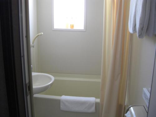 a bathroom with a sink and a bath tub with a sink at Akakura Yours Inn in Myoko