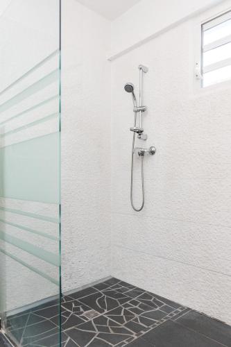 a shower with a glass door in a bathroom at Villa 6 pers Jacuzzi Centre Guadeloupe in Petit-Bourg