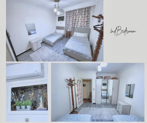 a room with two beds and a refrigerator at 2 Bedrooms Spacious flat 7 mins to Airport in Cairo
