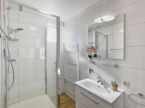 a bathroom with a shower and a sink and a mirror at Villa Christina in Stevensweert