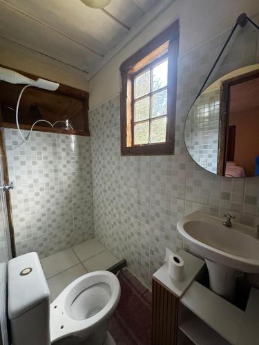 a bathroom with a toilet and a sink and a mirror at Chalé Retiro Real in Ouro Preto