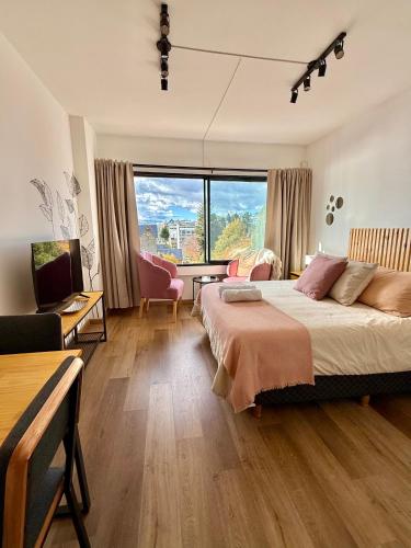 a bedroom with a large bed and a large window at Studio Mirador in San Carlos de Bariloche