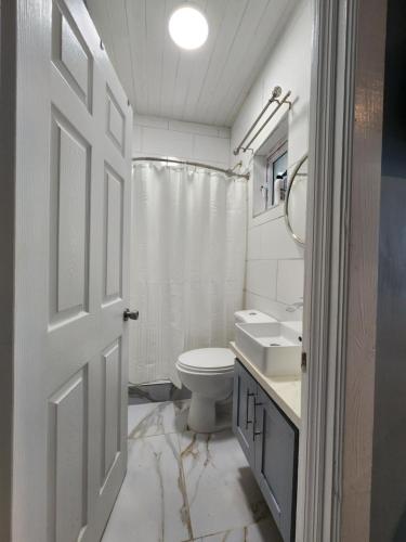 a white bathroom with a toilet and a sink at Andros Waterside Retreat in Deep Creek