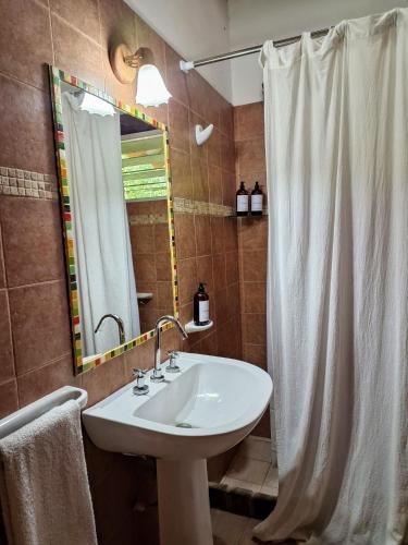 a bathroom with a sink and a shower curtain at Complejo Tiú Mayú in La Granja