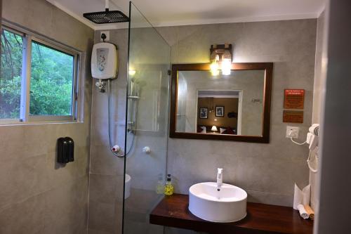 ein Badezimmer mit Waschbecken und Dusche mit Spiegel in der Unterkunft The Backwaters Lodge in Wilpattu Nationalpark