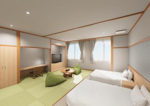 a hotel room with two beds and a television at 島泊 島飯 島湯 in Tonosho