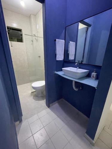 a blue bathroom with a sink and a toilet at Apartamento em localização estratégica em Aracaju in Aracaju