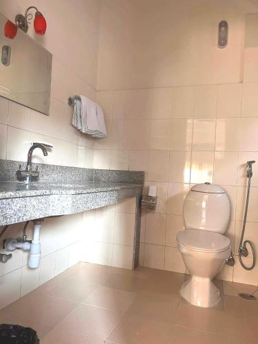 ein Badezimmer mit Toilette und Waschbecken in der Unterkunft Hotel Asia in Pokhara