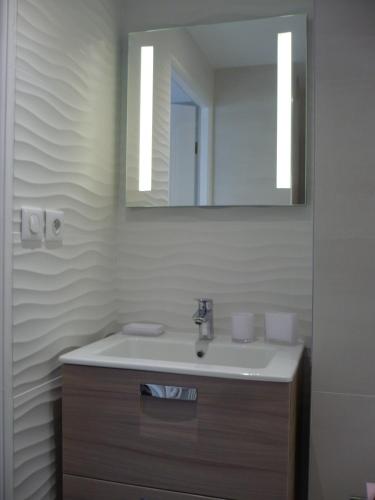 une salle de bain avec un lavabo et un miroir dans l'établissement Appartement Cap Sud Vue Mer à 30m de la Plage, à Wimereux