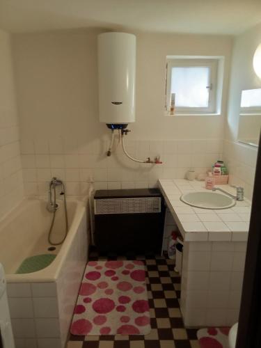 a bathroom with a tub and a sink and a bath tub at Domček v Turnej in Trenčianska Turná