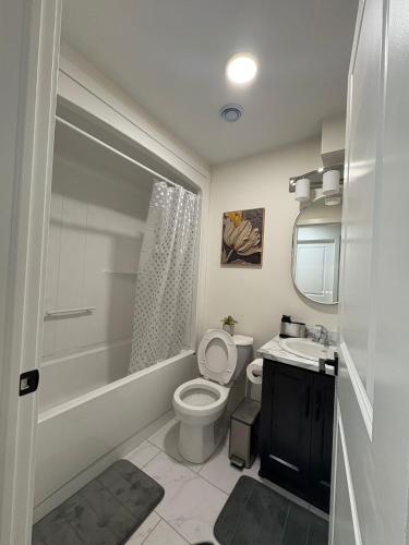 a bathroom with a toilet and a sink and a shower at Lovely Two-Bedroom APT at Kenmount Terrace in St. John's