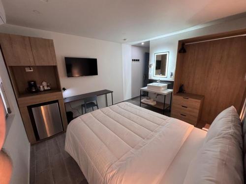 a bedroom with a bed and a desk and a sink at San Jeronimo Suites in Monterrey