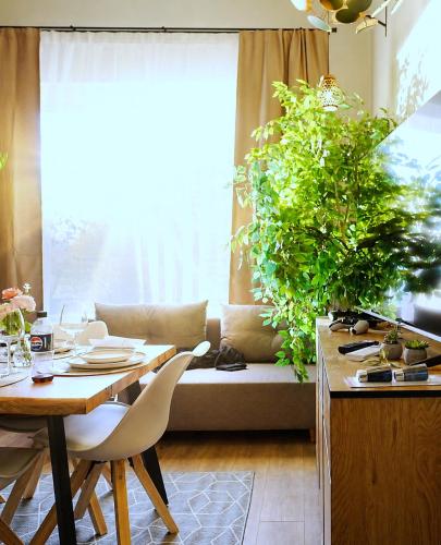 a living room with a table and a couch at Cofy Rentals - old town, quiet area, air-conditioning, free parking, 24-7 express check-in-out, close to green parks, everything you need for living in Pärnu