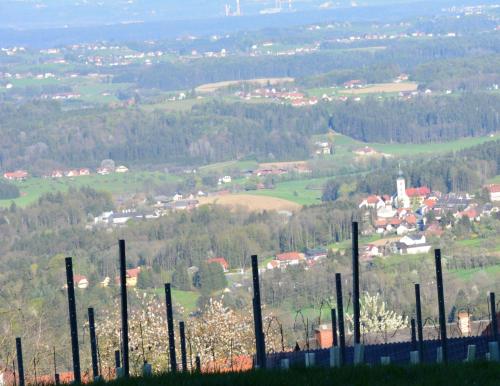 a view of a city from behind a fence at Weingut Seiner vlg. Kraxner in Greisdorf