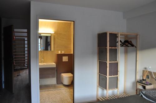 une salle de bain avec un lavabo, des toilettes et un miroir dans l'établissement Appartement12.com, à Charleville-Mézières