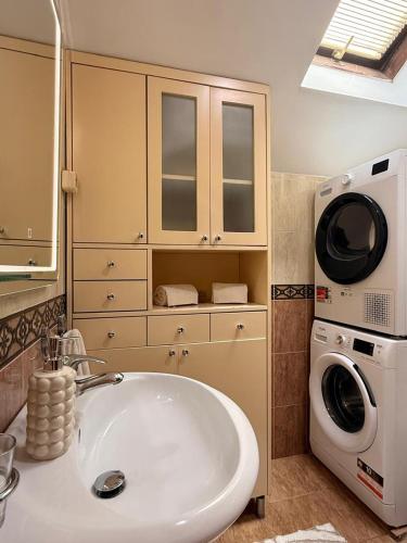 a bathroom with a sink and a washing machine at Lovely duplex apartment in Savina