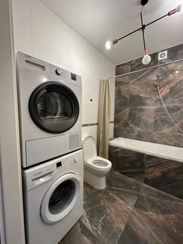 a bathroom with a washing machine and a toilet at Apartament Birutes 22 in Klaipėda