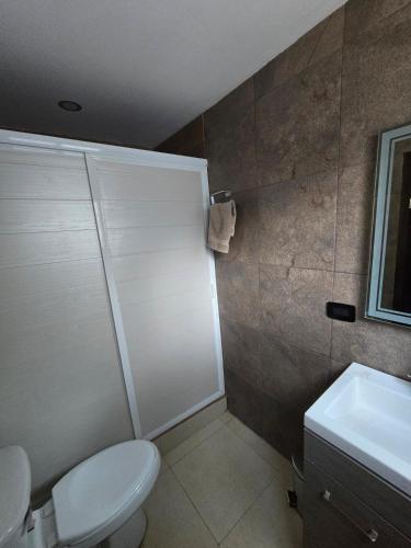 a bathroom with a shower and a toilet and a sink at Apartment with separate parking in Heroica Nogales