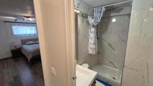 a bathroom with a shower and a toilet and a sink at Chambres meublées, Tv sdb wc et accès privatifs in Champigny-sur-Marne
