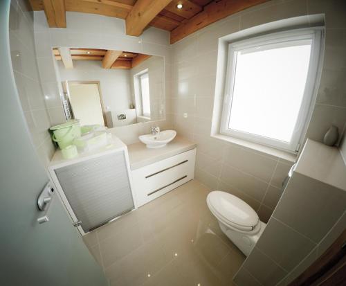 La salle de bains est pourvue de toilettes, d'un lavabo et d'une fenêtre. dans l'établissement Drevenica Nela - Západné Tatry, à Zuberec