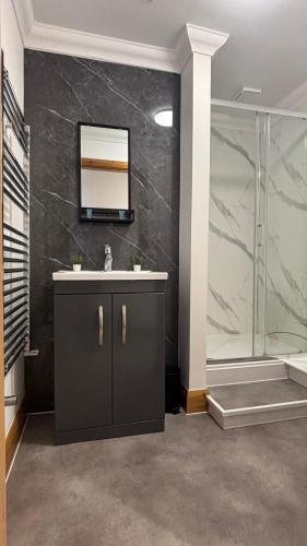 a bathroom with a sink and a shower at Vibrant City Center Studio Apartment 6a in Norwich