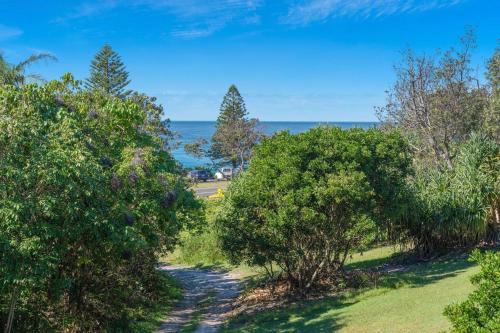 a path through trees with the ocean in the background at Surfside in East Ballina