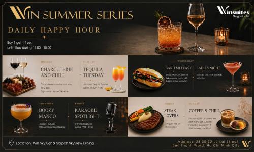 a website for a summer spirits drink happy hour at Winsuites Saigon Hotel in Ho Chi Minh City