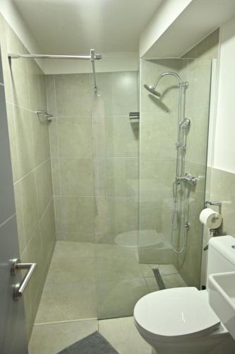 a bathroom with a glass shower and a toilet at San Mauro rooms in Poreč