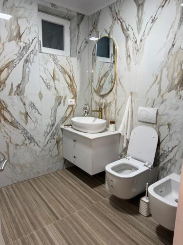 a bathroom with a toilet and a sink at Topuzi Grand House in Pogradec
