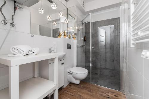 a white bathroom with a shower and a toilet at Apartamenty Mierzeja - Baltic Park Stegna, Studio 24 m2, 500 m od plaży, bezpłatny Meleks in Stegna