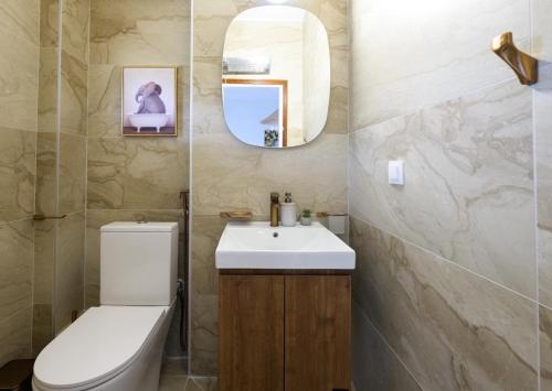 a bathroom with a toilet and a sink and a mirror at Cleopatra Residence in Perea