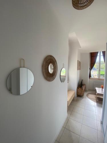 a living room with a mirror on the wall at Studio Château de Passy in Passy