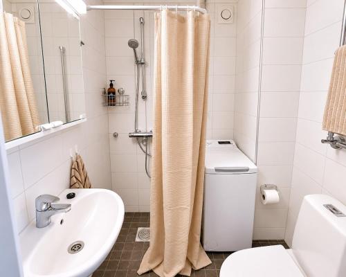 a bathroom with a sink and a toilet and a shower at Kotkan Studio in Kotka