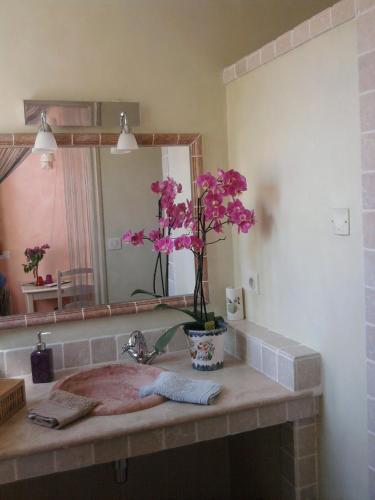 un lavabo de salle de bain avec un vase avec des fleurs roses dessus dans l'établissement Les Jardins de l'Ermitage, aux Salles-sur-Verdon