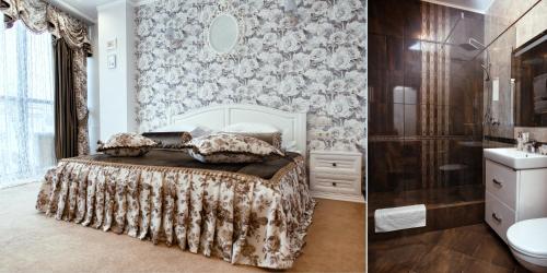 two pictures of a bedroom with a bed and a bathroom at Hotel Teta Kropotkin in Kropotkin