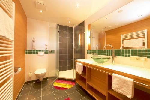 ミッテンヴァルトにあるFerienhaus Magdalenaのバスルーム(洗面台、トイレ、シャワー付)